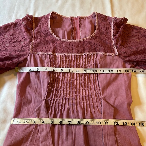 Vintage homemade Pink Maxi Dress back tie Lace sleeve Costume Prairie Dress XS - Picture 6 of 9